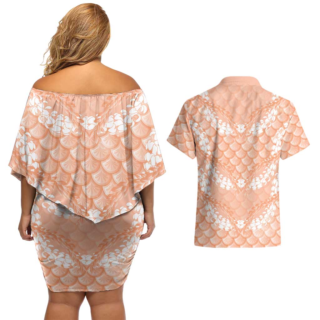 Apricot Mermaid Puakenikeni Maile Lei Couples Matching Off Shoulder Short Dress and Hawaiian Shirt LT01 - Polynesian Pride