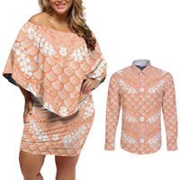 Apricot Mermaid Puakenikeni Maile Lei Couples Matching Off Shoulder Short Dress and Long Sleeve Button Shirt LT01 Apricot - Polynesian Pride