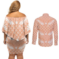 Apricot Mermaid Puakenikeni Maile Lei Couples Matching Off Shoulder Short Dress and Long Sleeve Button Shirt LT01 - Polynesian Pride