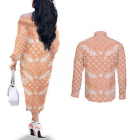 Apricot Mermaid Puakenikeni Maile Lei Couples Matching Off The Shoulder Long Sleeve Dress and Long Sleeve Button Shirt LT01 - Polynesian Pride