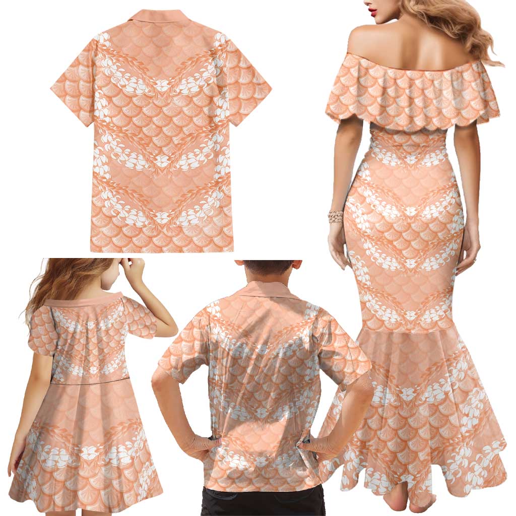 Apricot Mermaid Puakenikeni Maile Lei Family Matching Mermaid Dress and Hawaiian Shirt LT01 - Polynesian Pride