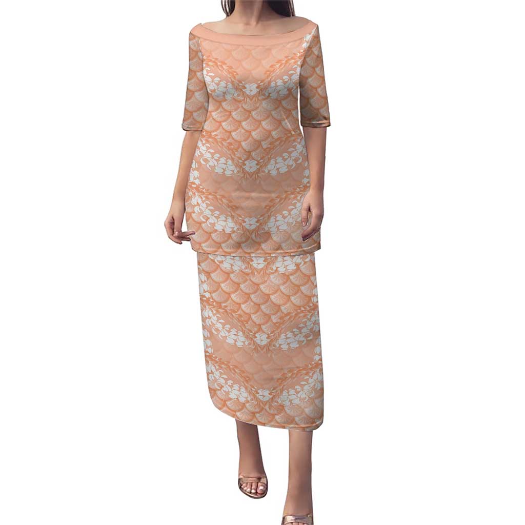 Apricot Mermaid Puakenikeni Maile Lei Family Matching Puletasi and Hawaiian Shirt