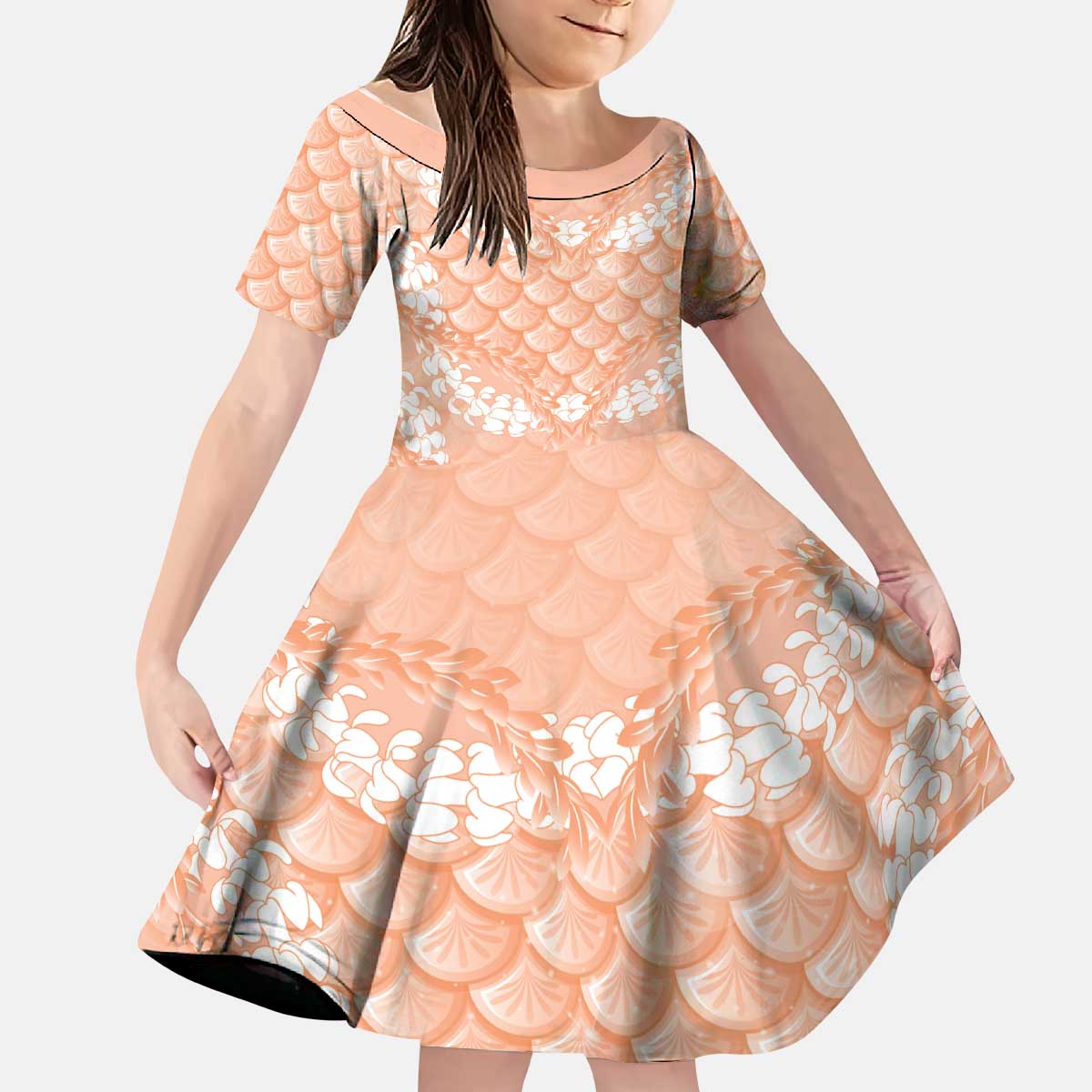 Apricot Mermaid Puakenikeni Maile Lei Kid Short Sleeve Dress