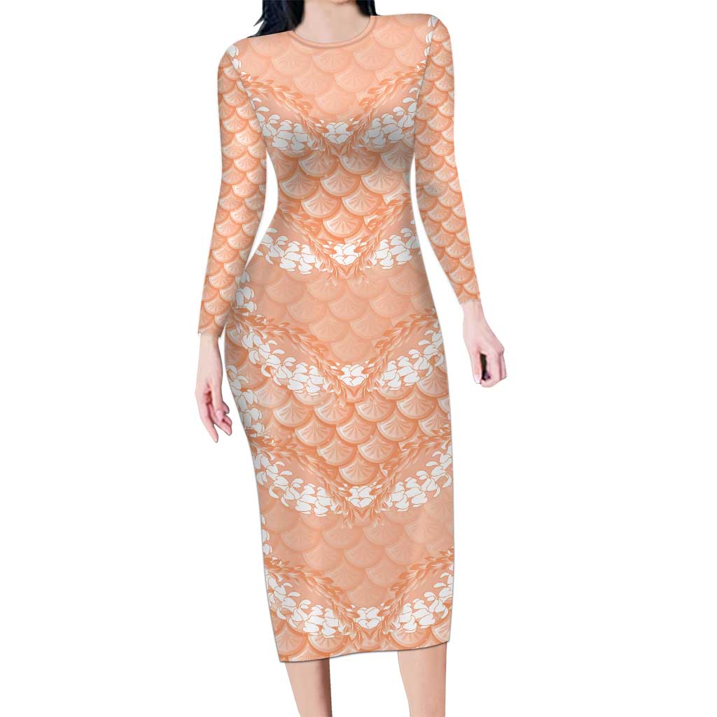 Apricot Mermaid Puakenikeni Maile Lei Long Sleeve Bodycon Dress LT01 Long Dress Apricot - Polynesian Pride