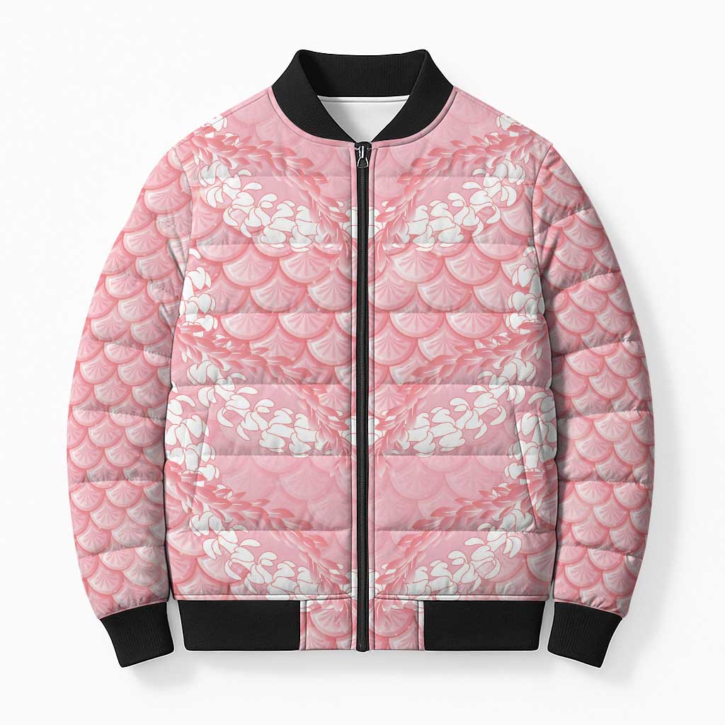 Soft Pink Mermaid Puakenikeni Maile Lei Bomber Puffer Jacket LT01 Unisex Pink - Polynesian Pride