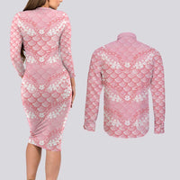 Soft Pink Mermaid Puakenikeni Maile Lei Couples Matching Long Sleeve Bodycon Dress and Long Sleeve Button Shirt LT01 - Polynesian Pride