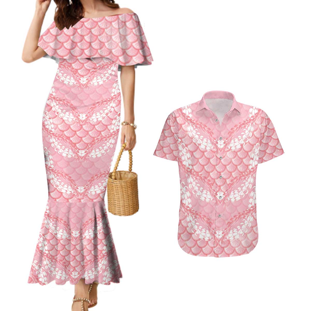 Soft Pink Mermaid Puakenikeni Maile Lei Couples Matching Mermaid Dress and Hawaiian Shirt