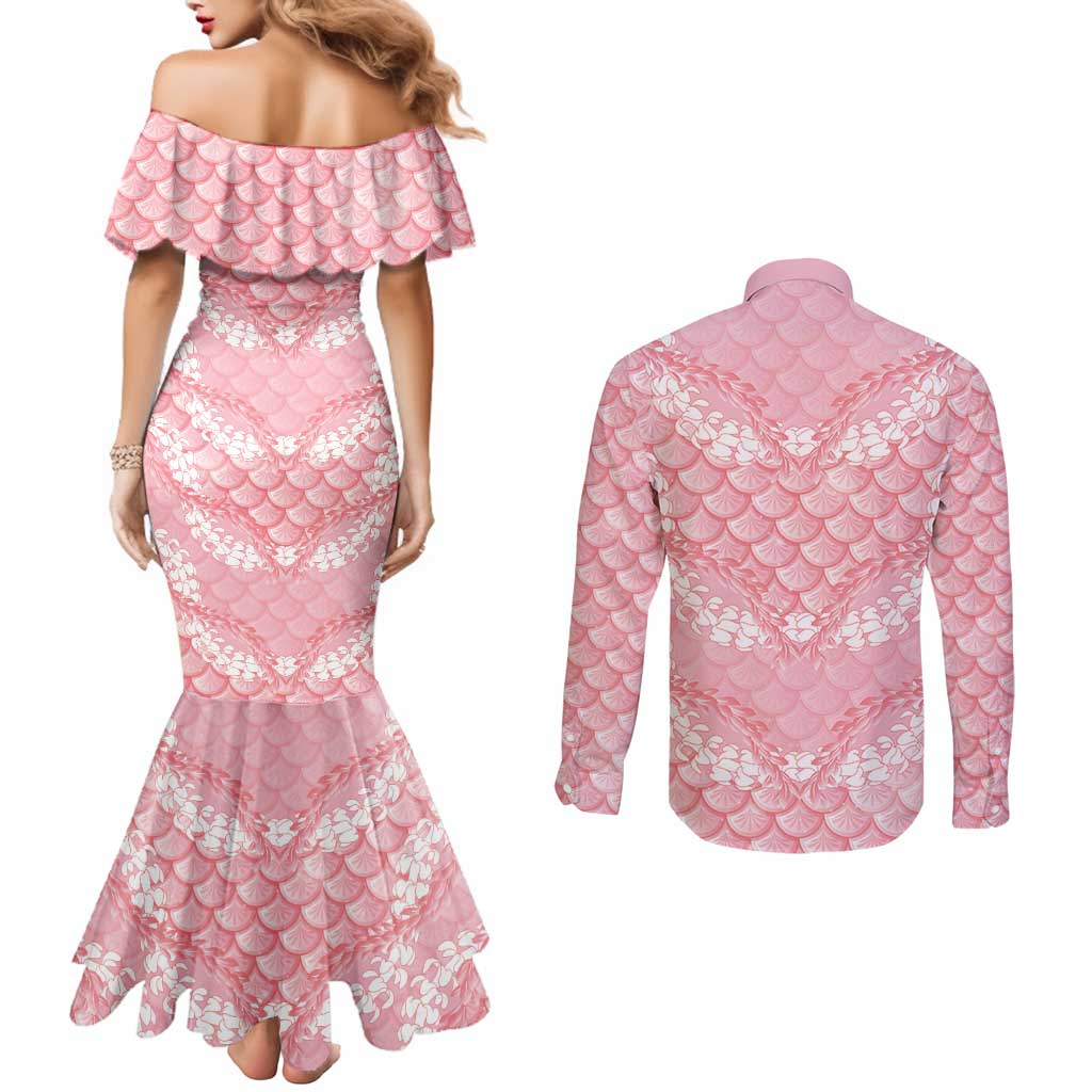 Soft Pink Mermaid Puakenikeni Maile Lei Couples Matching Mermaid Dress and Long Sleeve Button Shirt LT01 - Polynesian Pride
