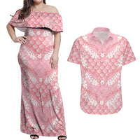 Soft Pink Mermaid Puakenikeni Maile Lei Couples Matching Off Shoulder Maxi Dress and Hawaiian Shirt LT01 Pink - Polynesian Pride