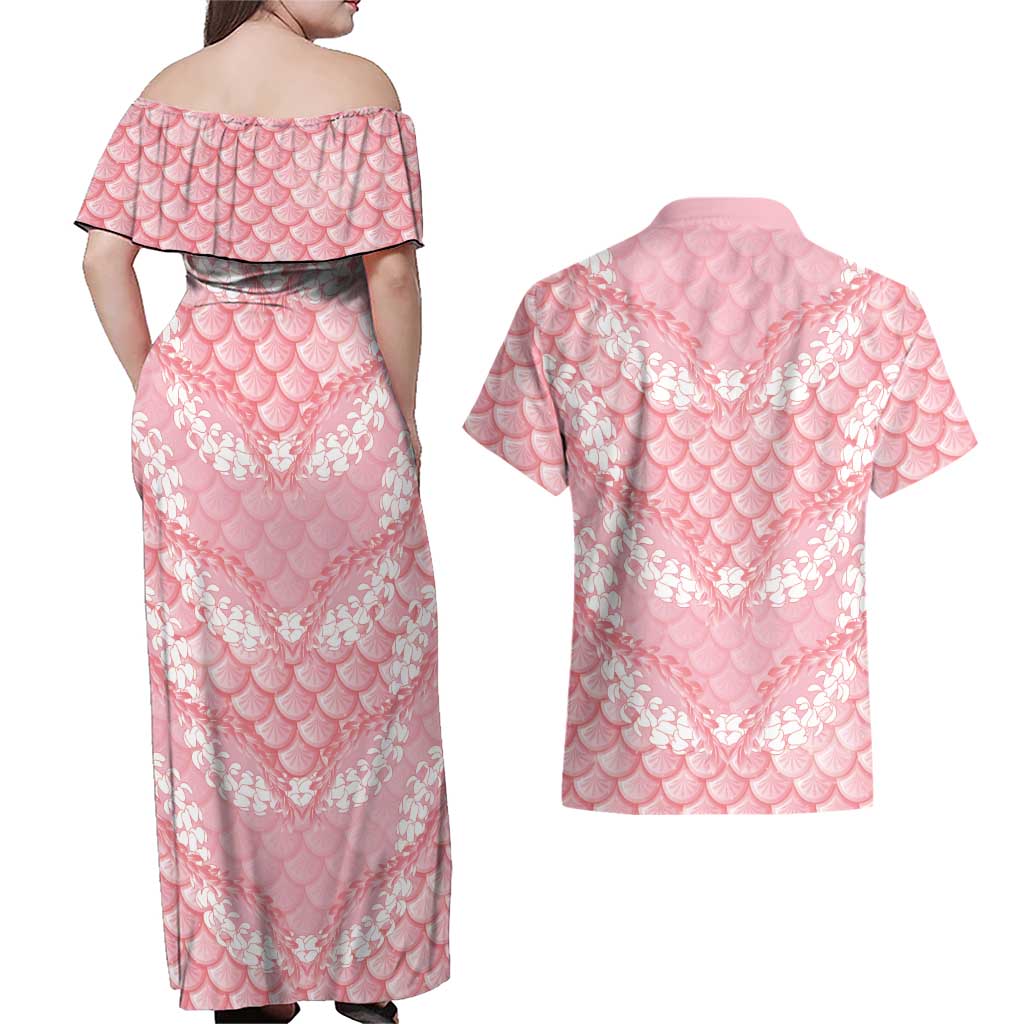 Soft Pink Mermaid Puakenikeni Maile Lei Couples Matching Off Shoulder Maxi Dress and Hawaiian Shirt LT01 - Polynesian Pride