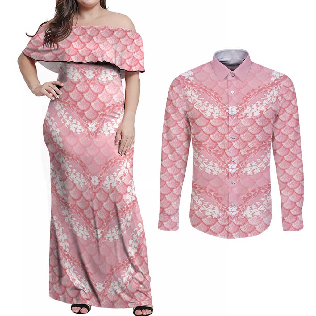 Soft Pink Mermaid Puakenikeni Maile Lei Couples Matching Off Shoulder Maxi Dress and Long Sleeve Button Shirt LT01 Pink - Polynesian Pride
