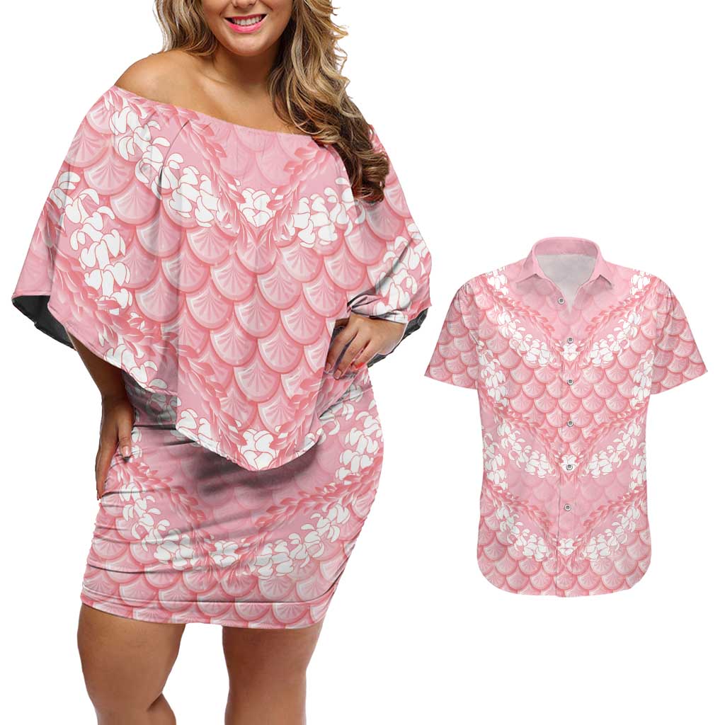 Soft Pink Mermaid Puakenikeni Maile Lei Couples Matching Off Shoulder Short Dress and Hawaiian Shirt LT01 Pink - Polynesian Pride