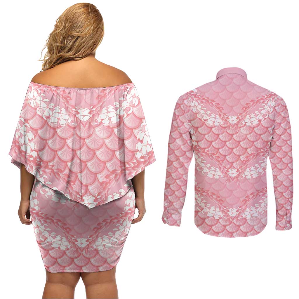 Soft Pink Mermaid Puakenikeni Maile Lei Couples Matching Off Shoulder Short Dress and Long Sleeve Button Shirt LT01 - Polynesian Pride