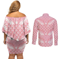 Soft Pink Mermaid Puakenikeni Maile Lei Couples Matching Off Shoulder Short Dress and Long Sleeve Button Shirt LT01 - Polynesian Pride