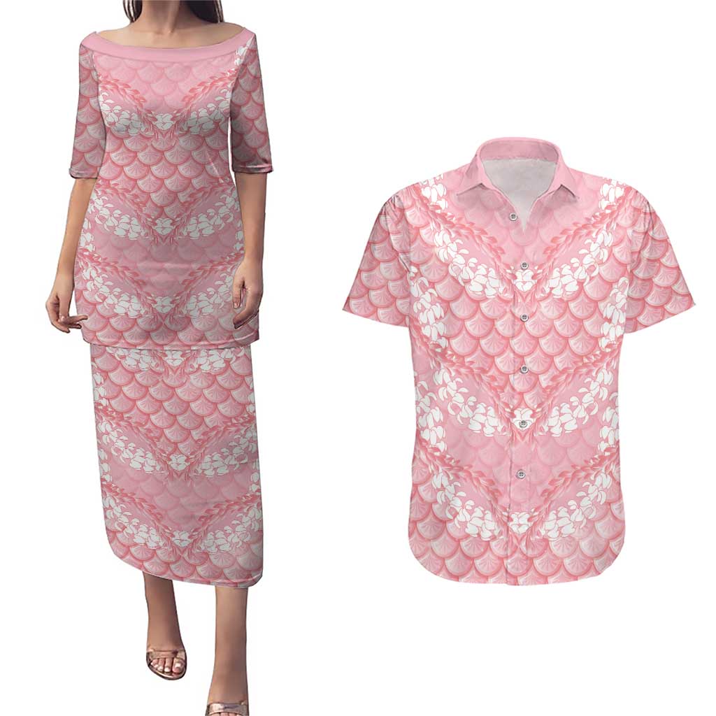 Soft Pink Mermaid Puakenikeni Maile Lei Couples Matching Puletasi and Hawaiian Shirt LT01 Pink - Polynesian Pride