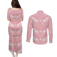 Soft Pink Mermaid Puakenikeni Maile Lei Couples Matching Puletasi and Long Sleeve Button Shirt