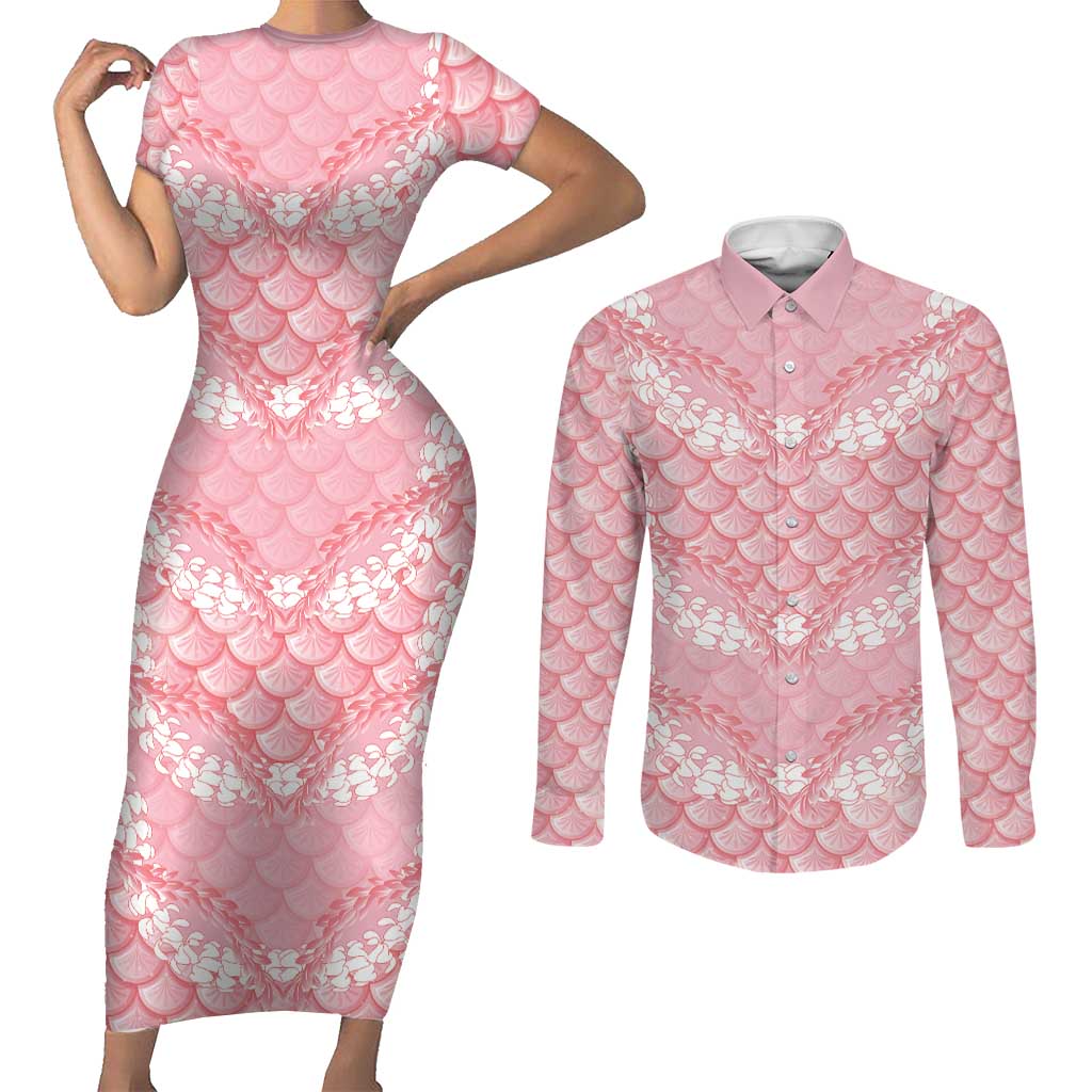 Soft Pink Mermaid Puakenikeni Maile Lei Couples Matching Short Sleeve Bodycon Dress and Long Sleeve Button Shirt LT01 Pink - Polynesian Pride
