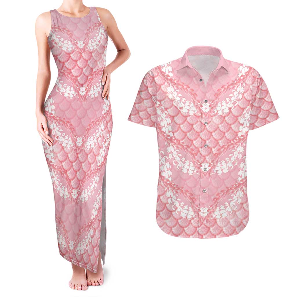 Soft Pink Mermaid Puakenikeni Maile Lei Couples Matching Tank Maxi Dress and Hawaiian Shirt LT01 Pink - Polynesian Pride