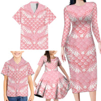 Soft Pink Mermaid Puakenikeni Maile Lei Family Matching Long Sleeve Bodycon Dress and Hawaiian Shirt LT01 - Polynesian Pride