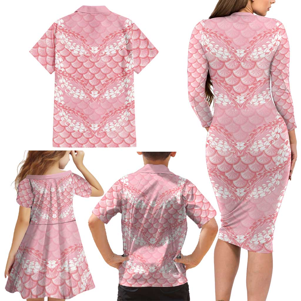 Soft Pink Mermaid Puakenikeni Maile Lei Family Matching Long Sleeve Bodycon Dress and Hawaiian Shirt LT01 - Polynesian Pride