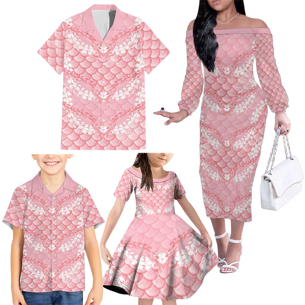 Soft Pink Mermaid Puakenikeni Maile Lei Family Matching Off The Shoulder Long Sleeve Dress and Hawaiian Shirt LT01 - Polynesian Pride