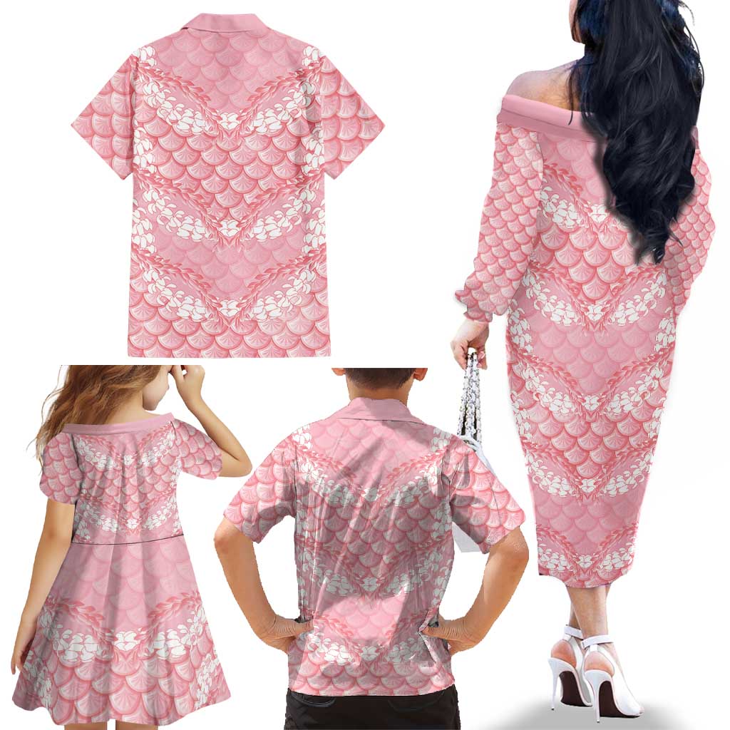 Soft Pink Mermaid Puakenikeni Maile Lei Family Matching Off The Shoulder Long Sleeve Dress and Hawaiian Shirt LT01 - Polynesian Pride