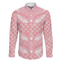 Soft Pink Mermaid Puakenikeni Maile Lei Family Matching Off The Shoulder Long Sleeve Dress and Hawaiian Shirt LT01 Dad's Shirt - Long Sleeve Pink - Polynesian Pride