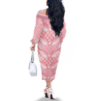 Soft Pink Mermaid Puakenikeni Maile Lei Family Matching Off The Shoulder Long Sleeve Dress and Hawaiian Shirt LT01 - Polynesian Pride