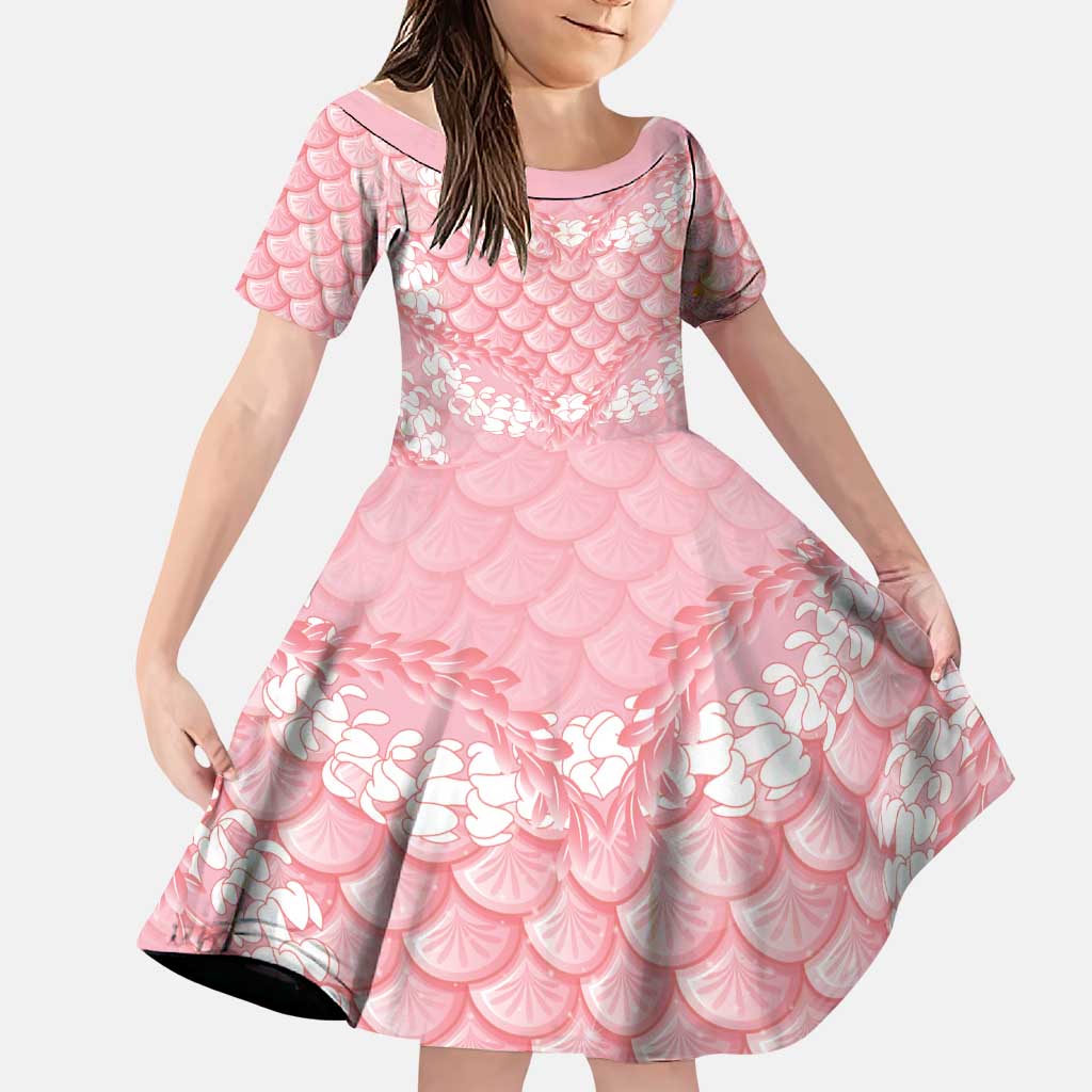 Soft Pink Mermaid Puakenikeni Maile Lei Family Matching Off Shoulder Short Dress and Hawaiian Shirt LT01 Daughter's Dress Pink - Polynesian Pride