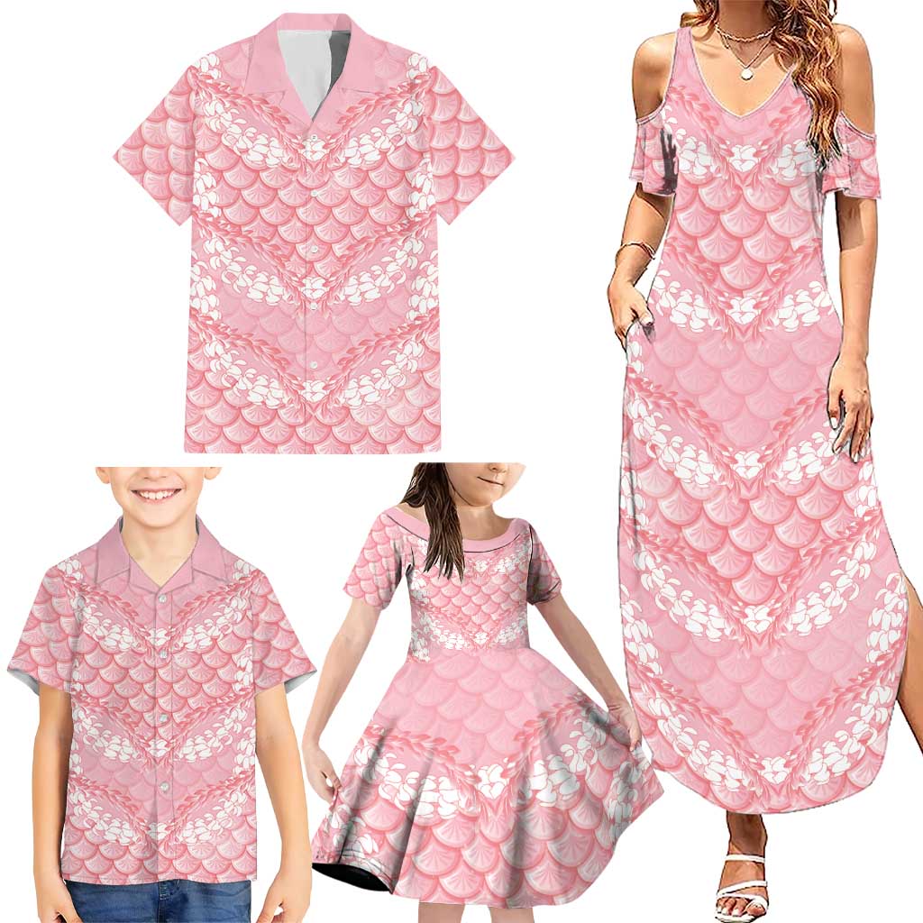 Soft Pink Mermaid Puakenikeni Maile Lei Family Matching Summer Maxi Dress and Hawaiian Shirt LT01 - Polynesian Pride