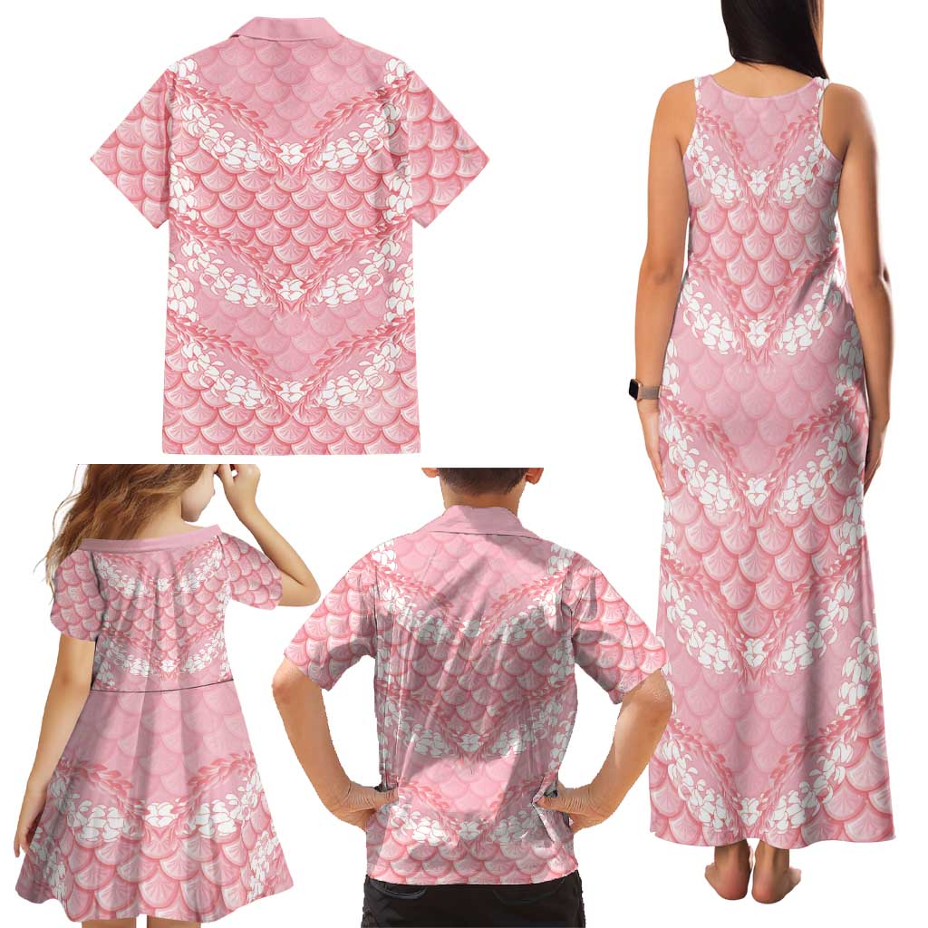 Soft Pink Mermaid Puakenikeni Maile Lei Family Matching Tank Maxi Dress and Hawaiian Shirt LT01 - Polynesian Pride