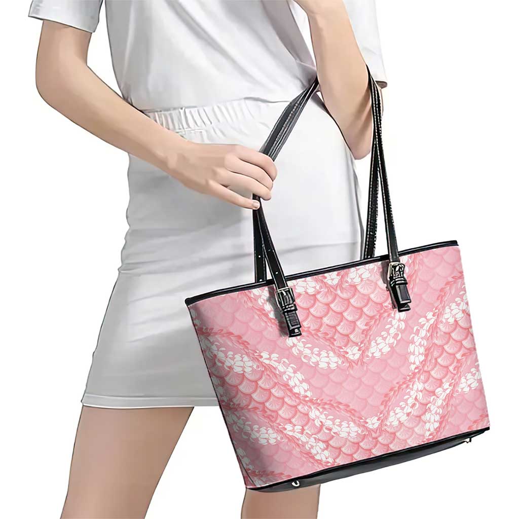 Soft Pink Mermaid Puakenikeni Maile Lei Leather Tote Bag