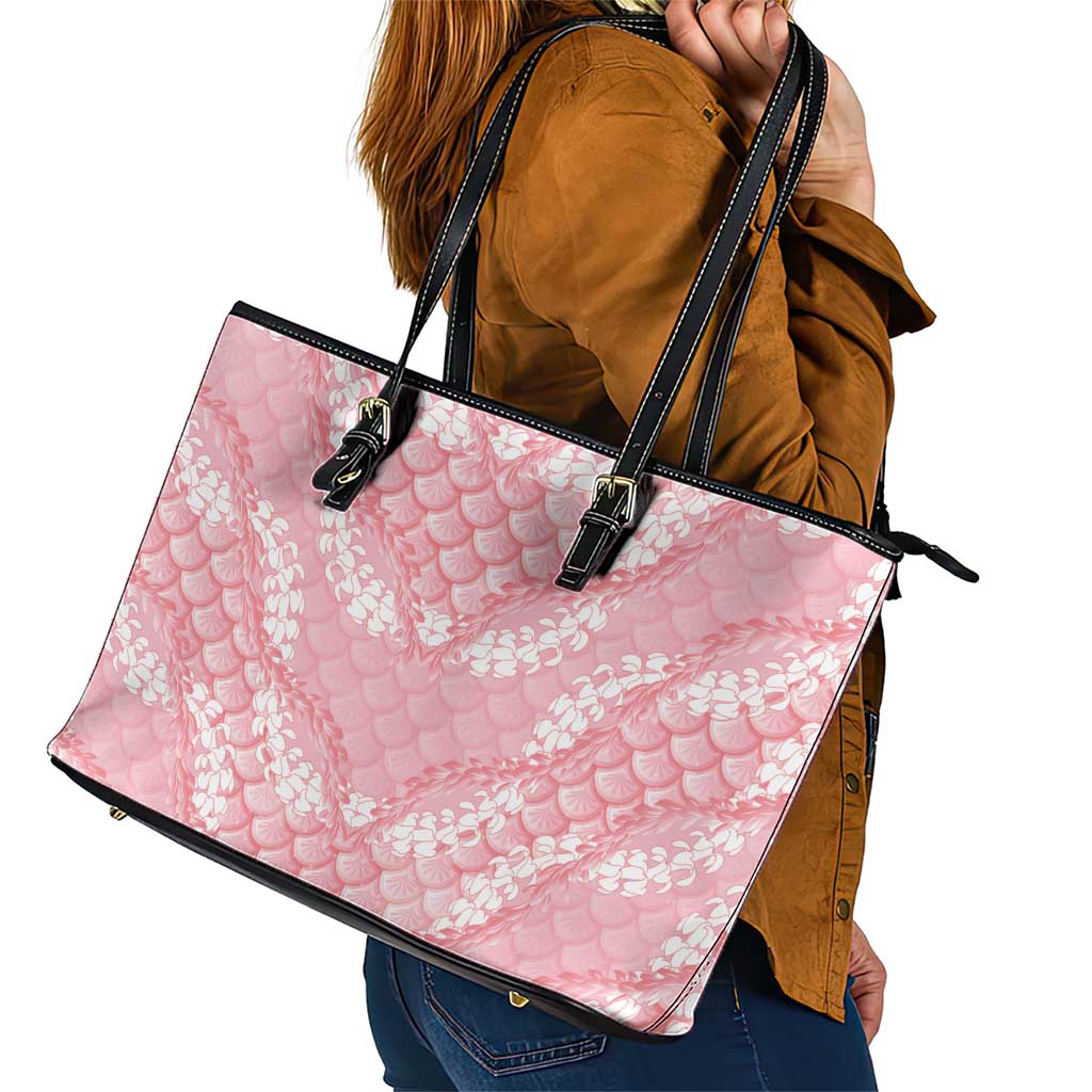 Soft Pink Mermaid Puakenikeni Maile Lei Leather Tote Bag