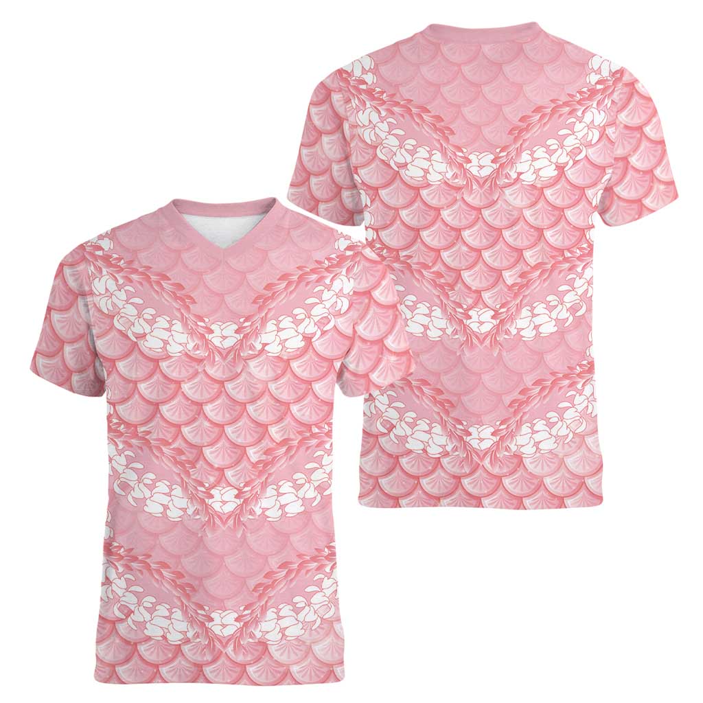 Soft Pink Mermaid Puakenikeni Maile Lei Women V-Neck T-Shirt LT01 - Polynesian Pride