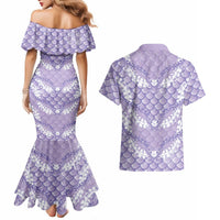 Lilac Mermaid Puakenikeni Maile Lei Couples Matching Mermaid Dress and Hawaiian Shirt