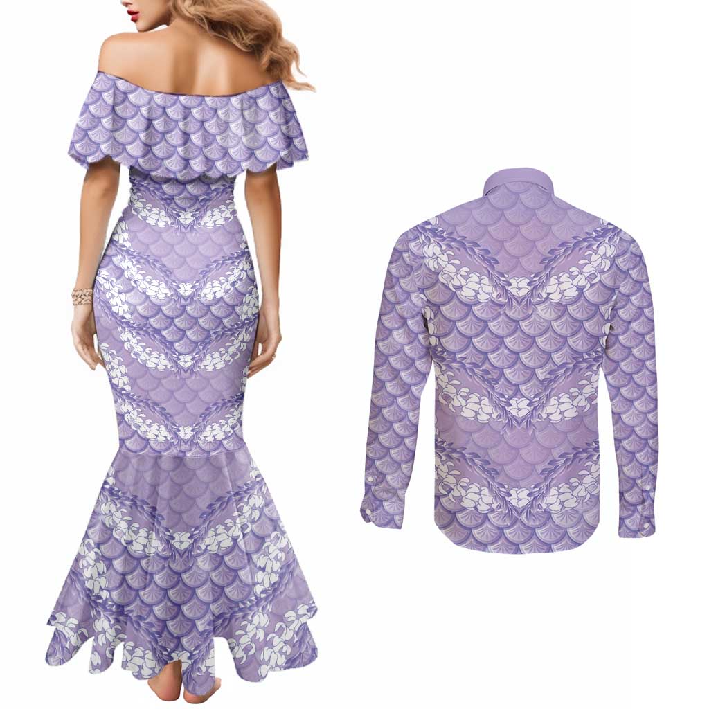 Lilac Mermaid Puakenikeni Maile Lei Couples Matching Mermaid Dress and Long Sleeve Button Shirt