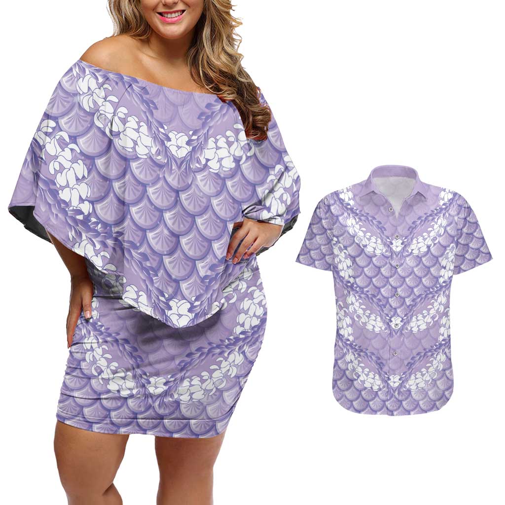 Lilac Mermaid Puakenikeni Maile Lei Couples Matching Off Shoulder Short Dress and Hawaiian Shirt LT01 Purple - Polynesian Pride