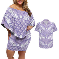 Lilac Mermaid Puakenikeni Maile Lei Couples Matching Off Shoulder Short Dress and Hawaiian Shirt LT01 Purple - Polynesian Pride