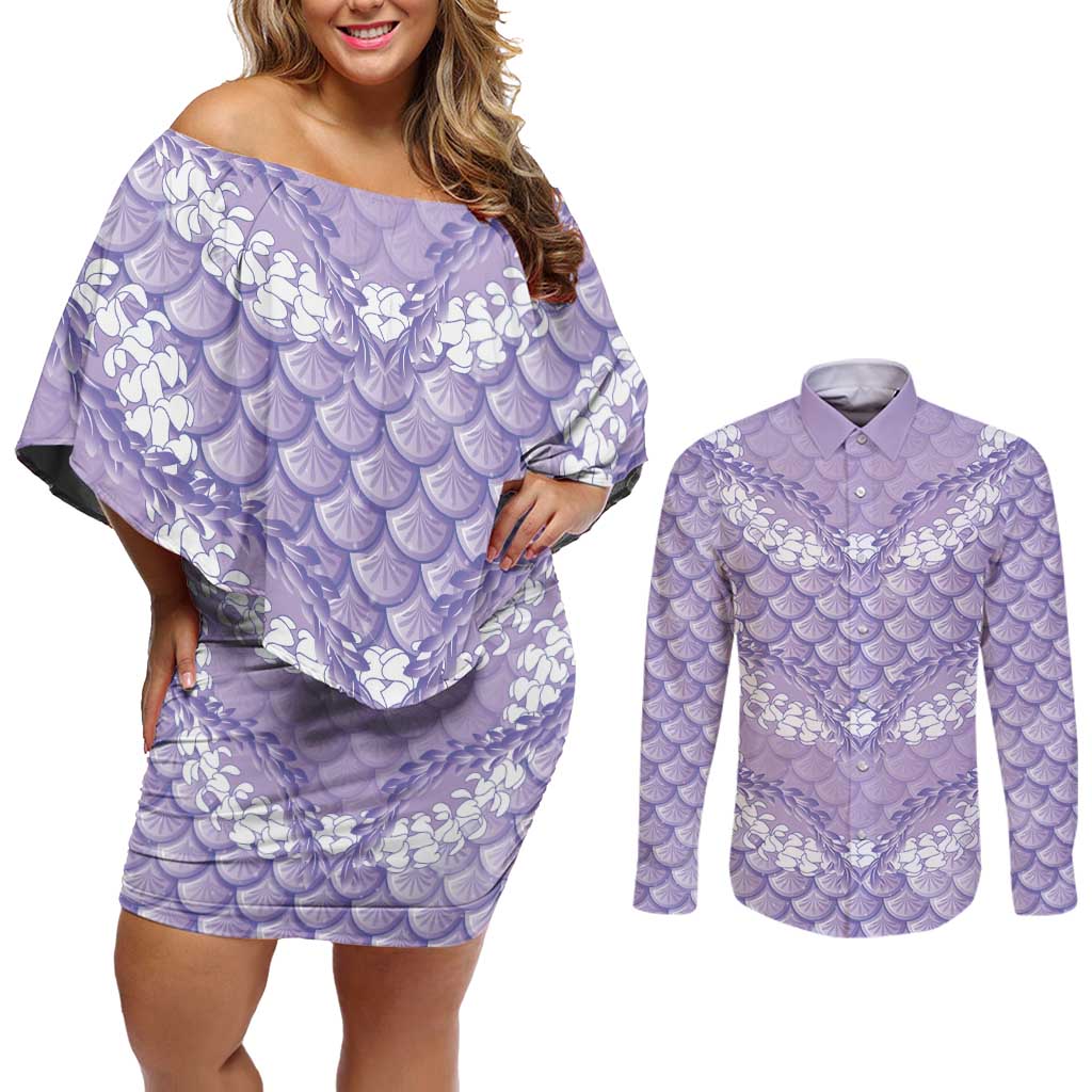 Lilac Mermaid Puakenikeni Maile Lei Couples Matching Off Shoulder Short Dress and Long Sleeve Button Shirt