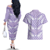 Lilac Mermaid Puakenikeni Maile Lei Couples Matching Off The Shoulder Long Sleeve Dress and Hawaiian Shirt