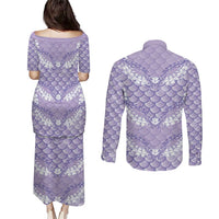Lilac Mermaid Puakenikeni Maile Lei Couples Matching Puletasi and Long Sleeve Button Shirt