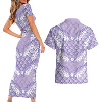 Lilac Mermaid Puakenikeni Maile Lei Couples Matching Short Sleeve Bodycon Dress and Hawaiian Shirt