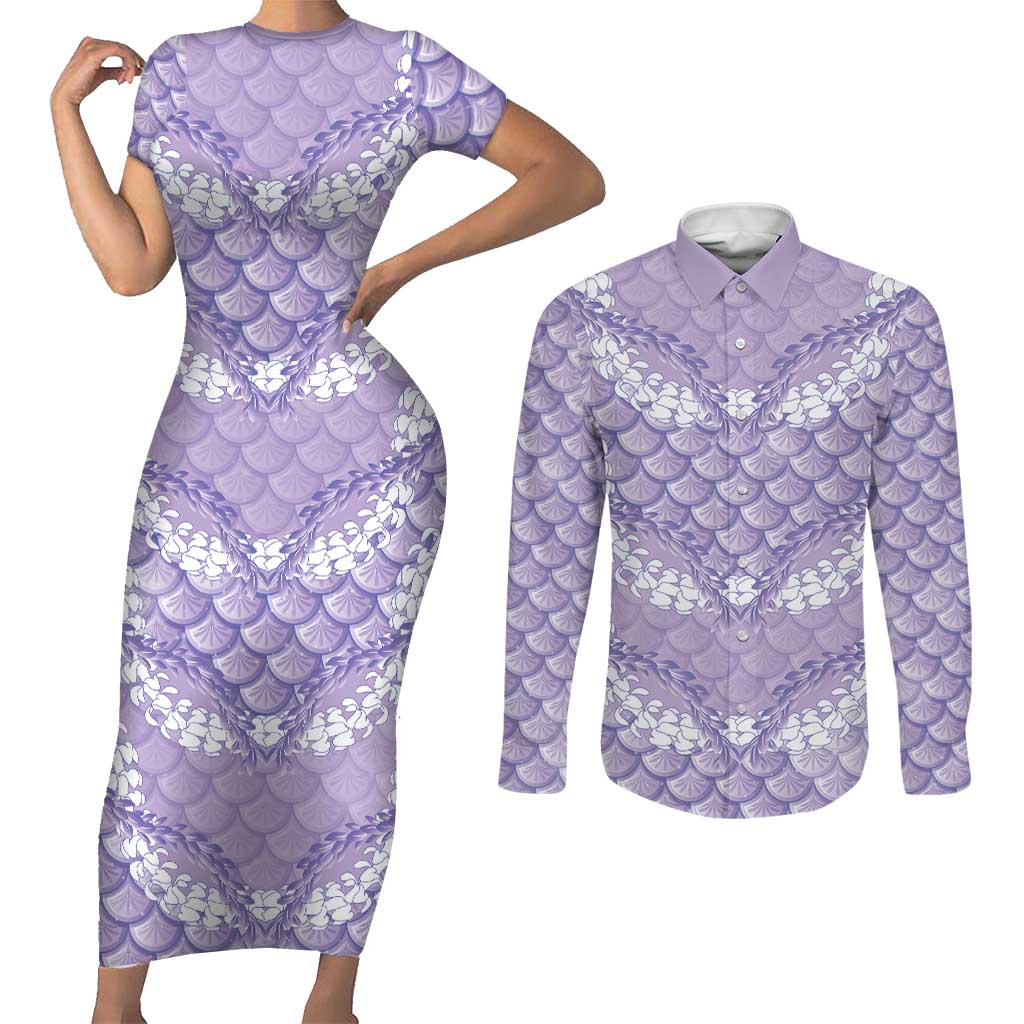 Lilac Mermaid Puakenikeni Maile Lei Couples Matching Short Sleeve Bodycon Dress and Long Sleeve Button Shirt LT01 Purple - Polynesian Pride