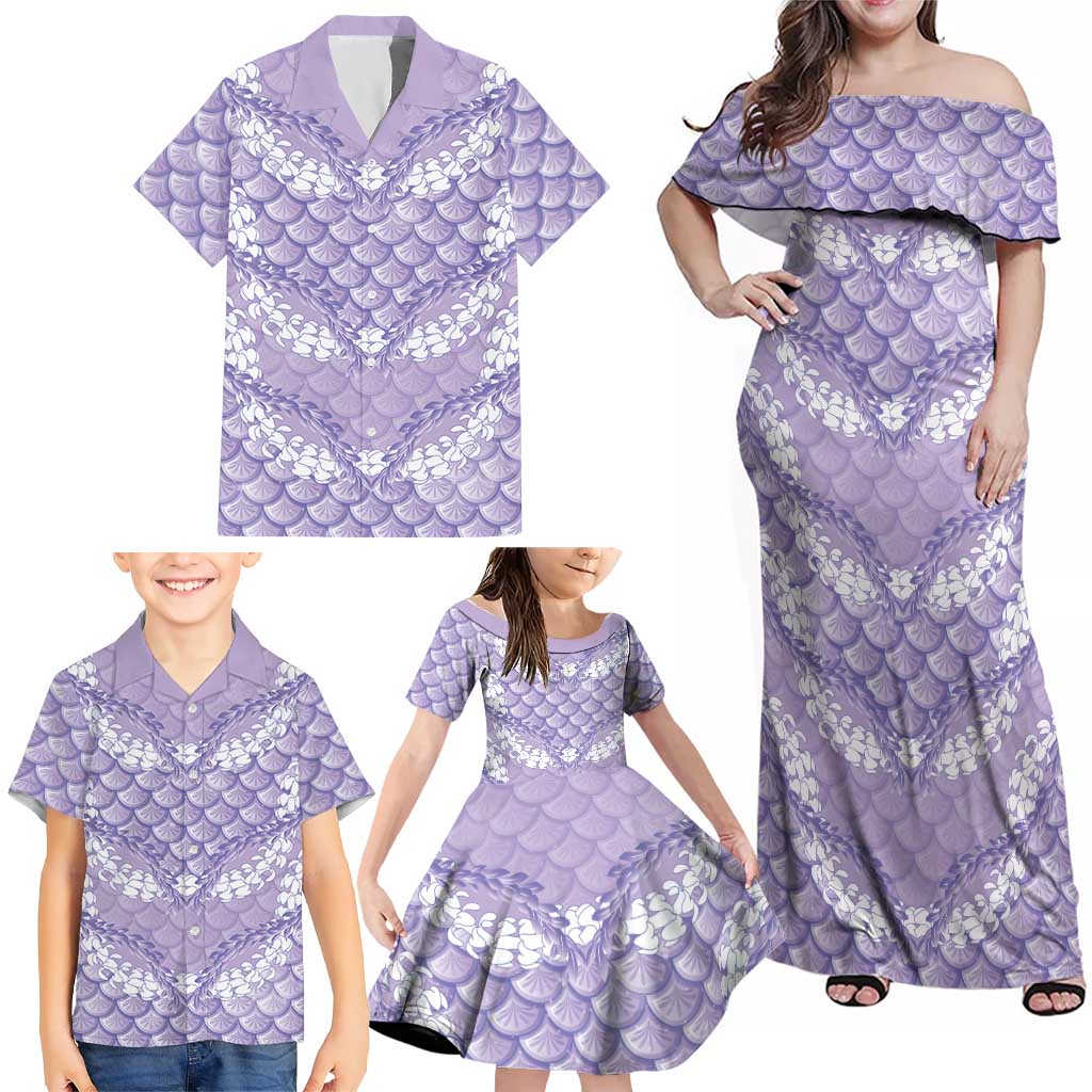 Lilac Mermaid Puakenikeni Maile Lei Family Matching Off Shoulder Maxi Dress and Hawaiian Shirt LT01 - Polynesian Pride