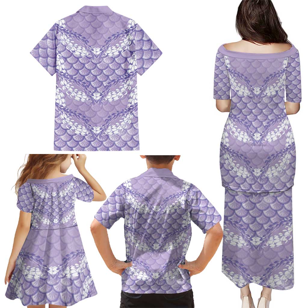 Lilac Mermaid Puakenikeni Maile Lei Family Matching Puletasi and Hawaiian Shirt