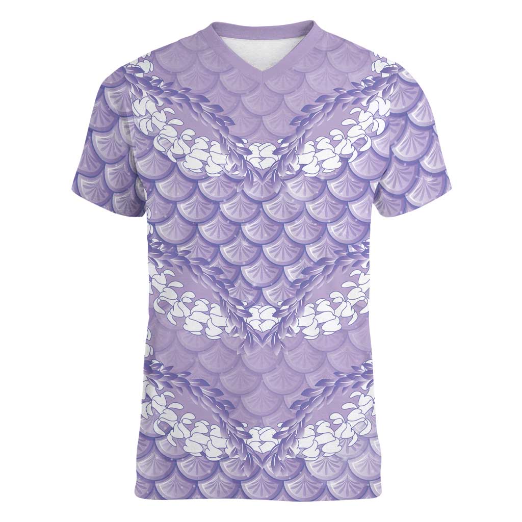 Lilac Mermaid Puakenikeni Maile Lei Women V-Neck T-Shirt