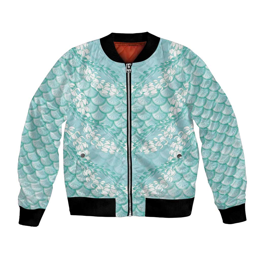 Light Turquoise Mermaid Puakenikeni Maile Lei Bomber Jacket