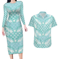 Light Turquoise Mermaid Puakenikeni Maile Lei Couples Matching Long Sleeve Bodycon Dress and Hawaiian Shirt
