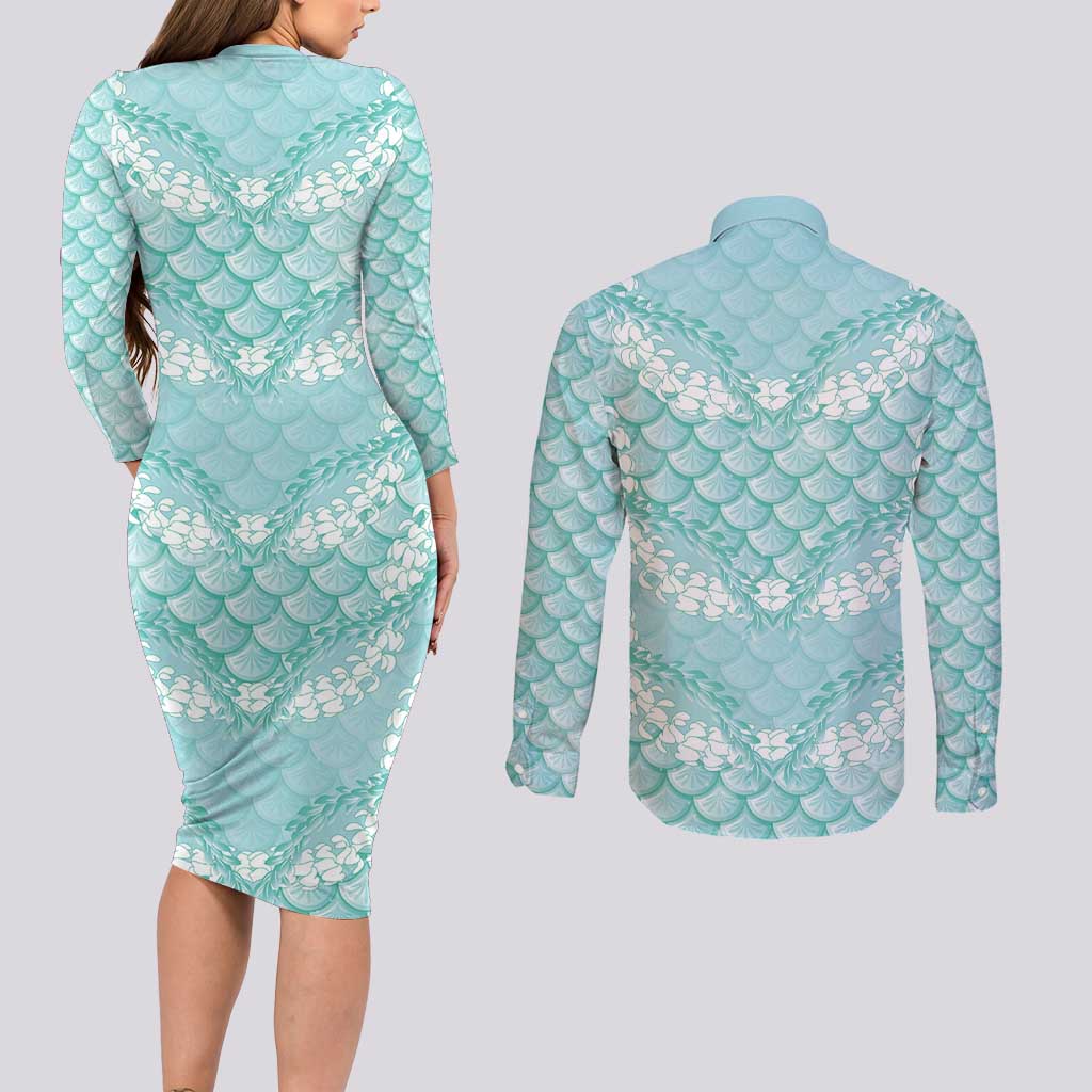 Light Turquoise Mermaid Puakenikeni Maile Lei Couples Matching Long Sleeve Bodycon Dress and Long Sleeve Button Shirt LT01 - Polynesian Pride
