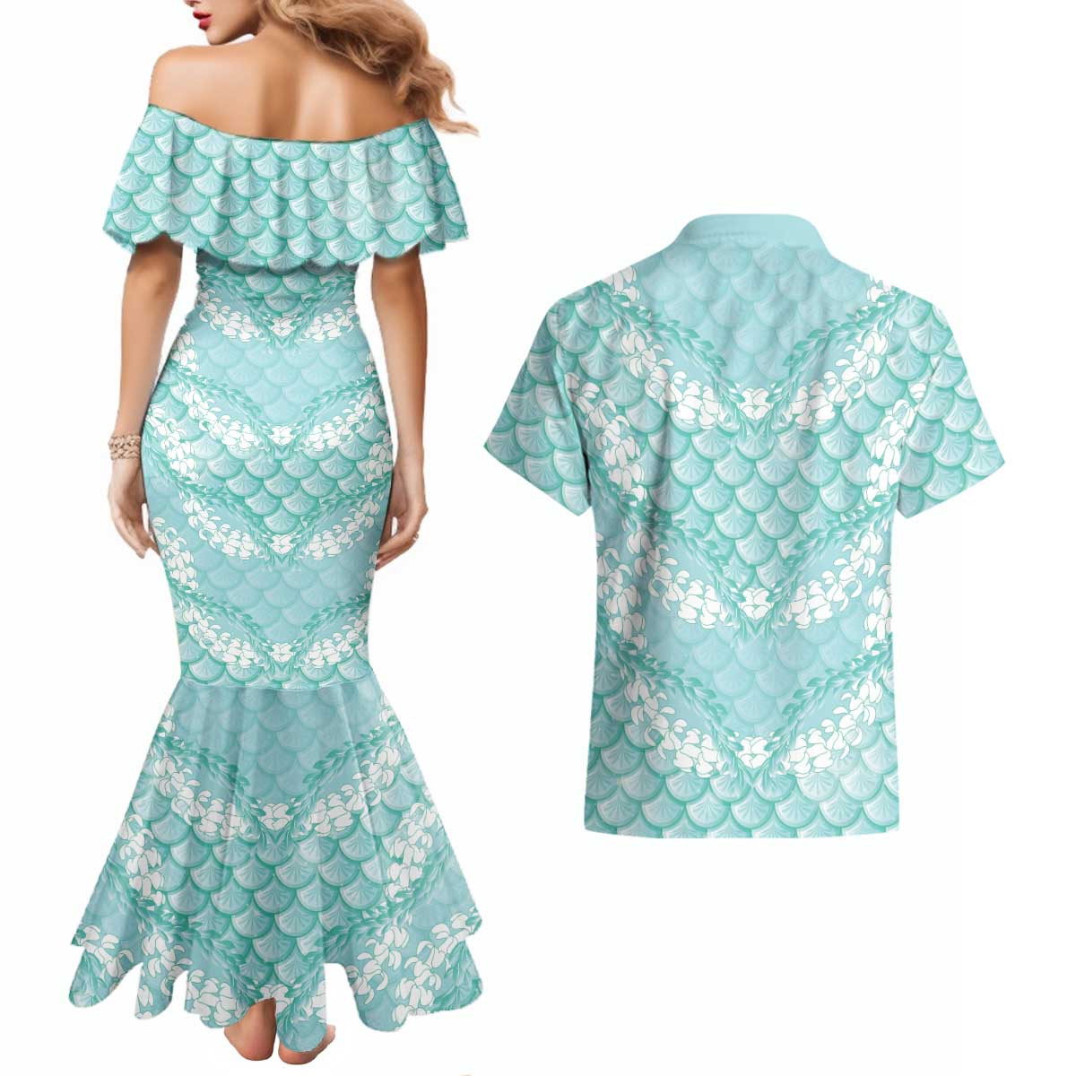Light Turquoise Mermaid Puakenikeni Maile Lei Couples Matching Mermaid Dress and Hawaiian Shirt LT01 - Polynesian Pride